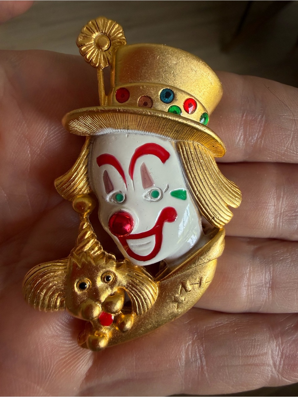 Danecraft marked Gold Clown Pin Brooch with Red and Green Accents